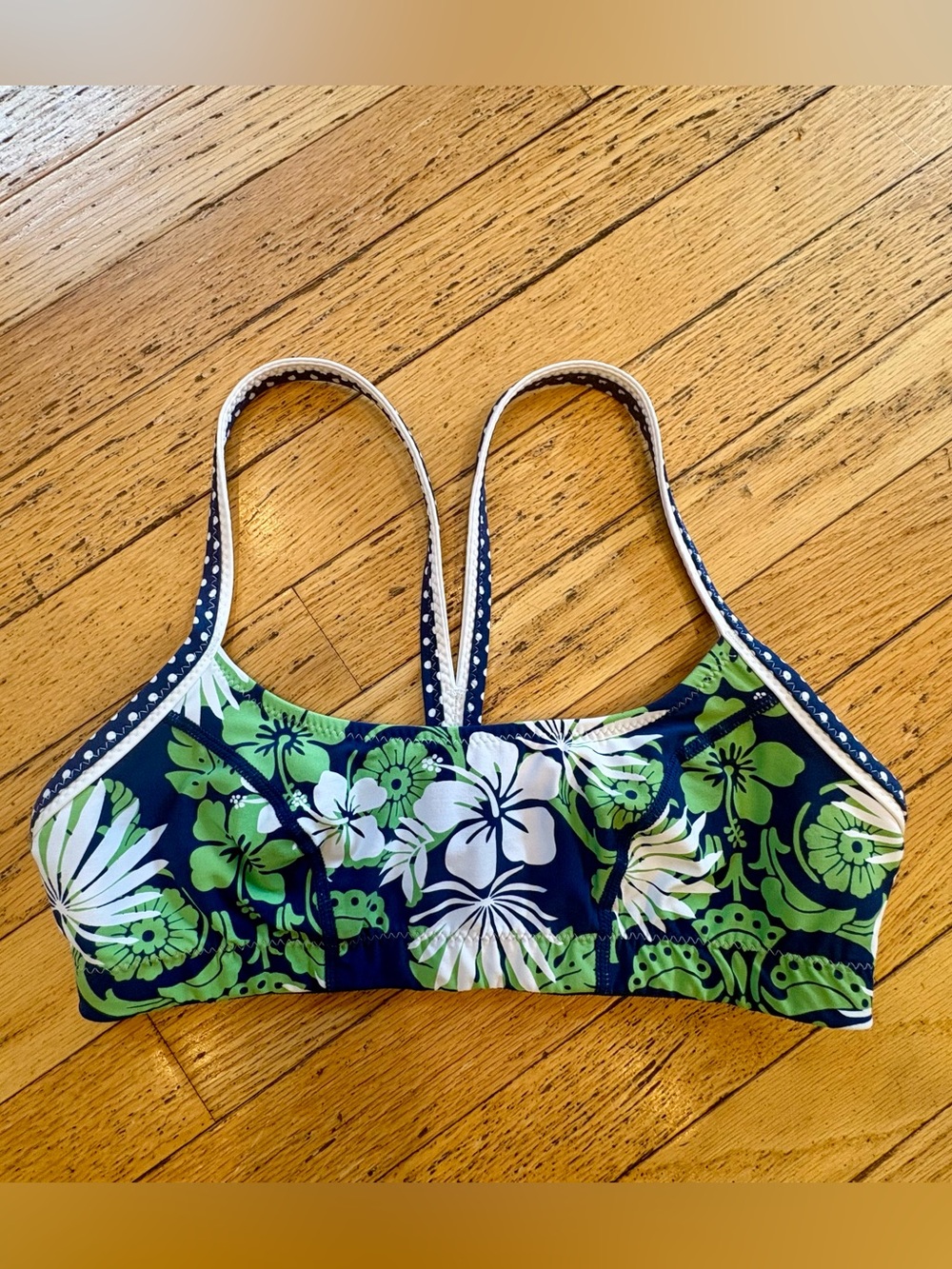 TYR Navy Blue Floral Bikini Swim Top with Green and White Print